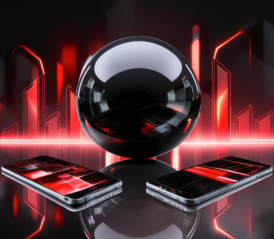 Two smartphones and a large black sphere with energy lights behind.
