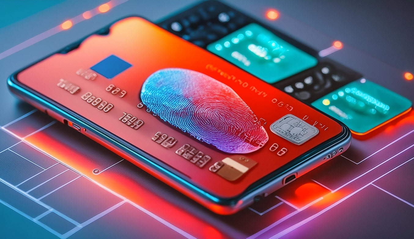 Smartphone merged with credit card and fingerprint for security.