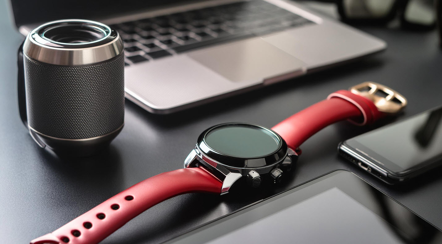 Smartwatch, smart speaker, laptop, phone and tablet on a table.