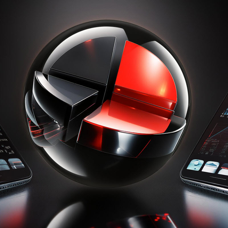 Black sphere sliced open with pie chart graph inside.