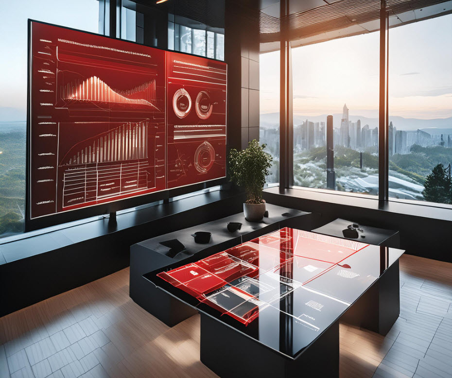 Large screen data dashboard with touchscreen glass table showing information.