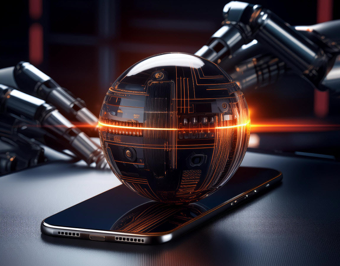 Smartphone with sphere hovering over it and robotic arms making changes.
