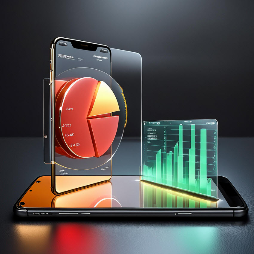 Smartphone with pie chart and graph projecting from the surface.
