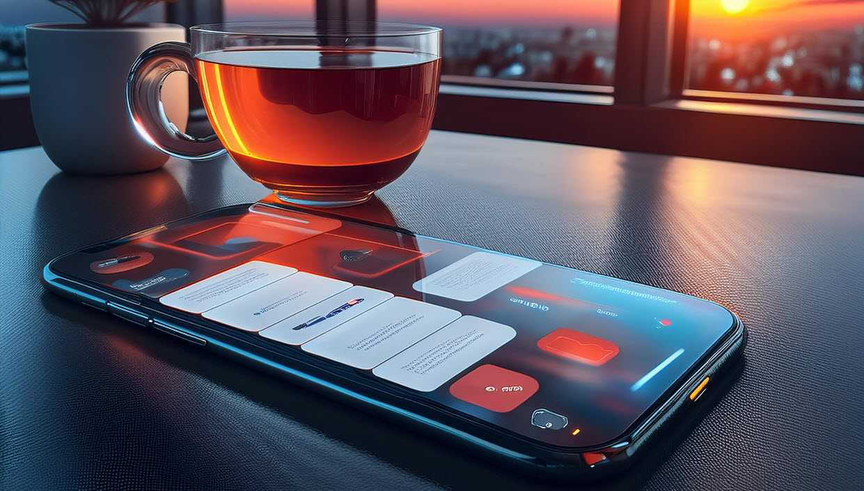Smartphone with widgets showing on a table with cup of tea.