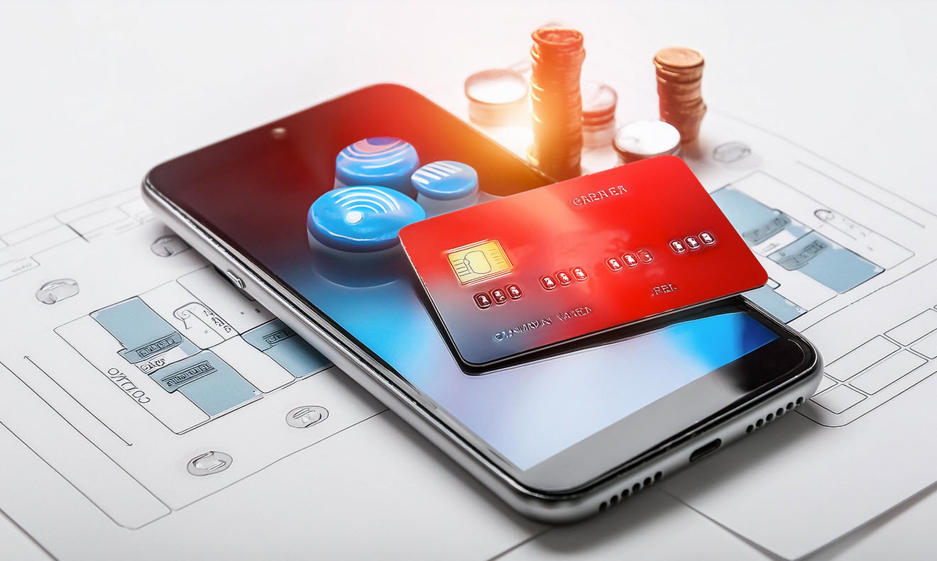 Smartphone and credit card with bills to pay.