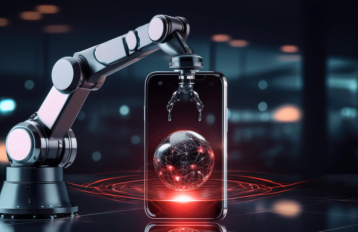 Robot arm processing a digital mobile experience.